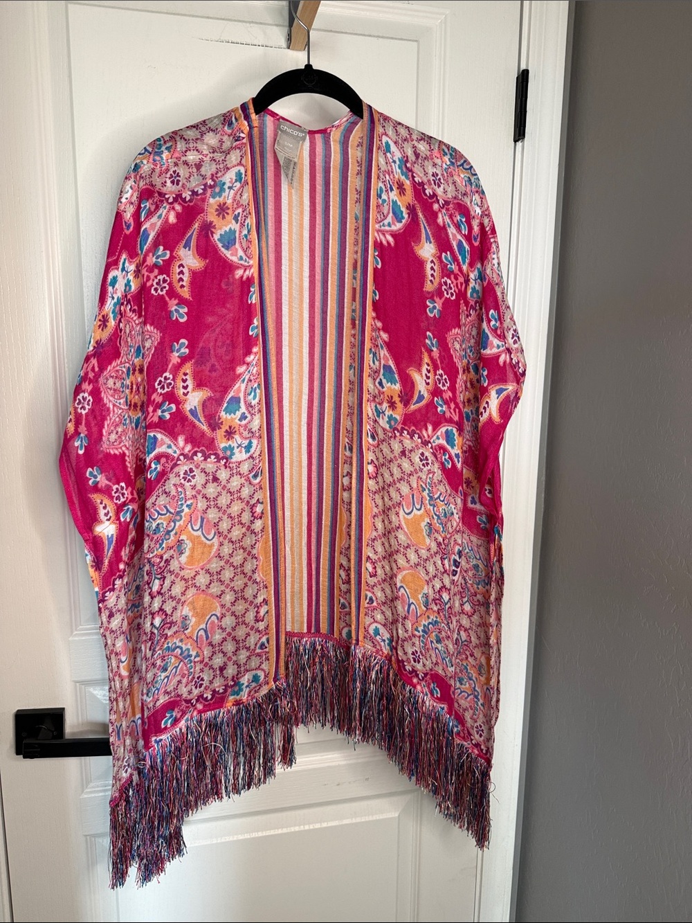 Chico's Multicolor Striped & Floral Linen Blend Open Kimono with Fringe